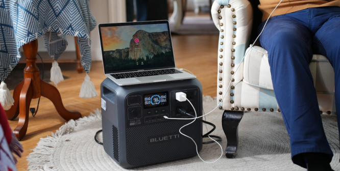 A portable power station by Bluetti, designed to provide backup electricity during emergencies and power outages.